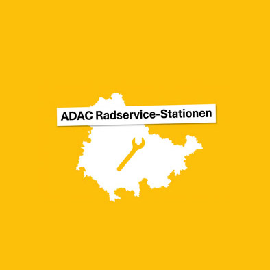 ADAC Radservice-Stationen. Thüringen-Umriss auf gelbem Hintergrund